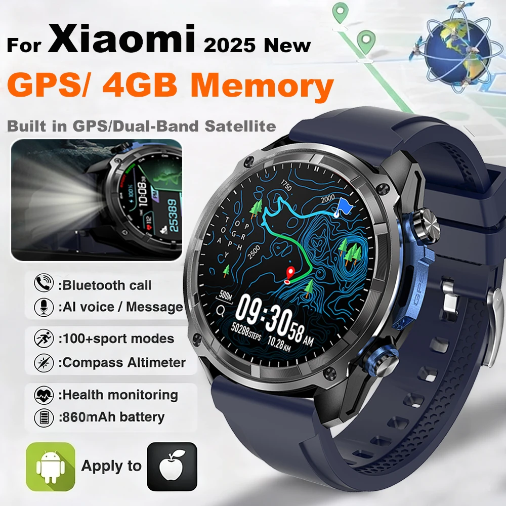 

Новинка 2023 года для XIAOMI, уличные военные умные часы со встроенным GPS, мужские 4 ГБ памяти, компас, 860 мАч, светодиодный фонарик, водонепроницаемые часы 5 атм