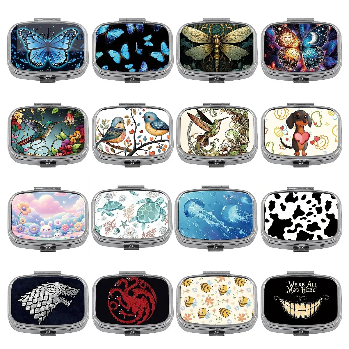 Animals Pattern Metal Medicine Box 2 Compartments Portable Travel Sealed Small Pill Organizer Container Storage Decorated