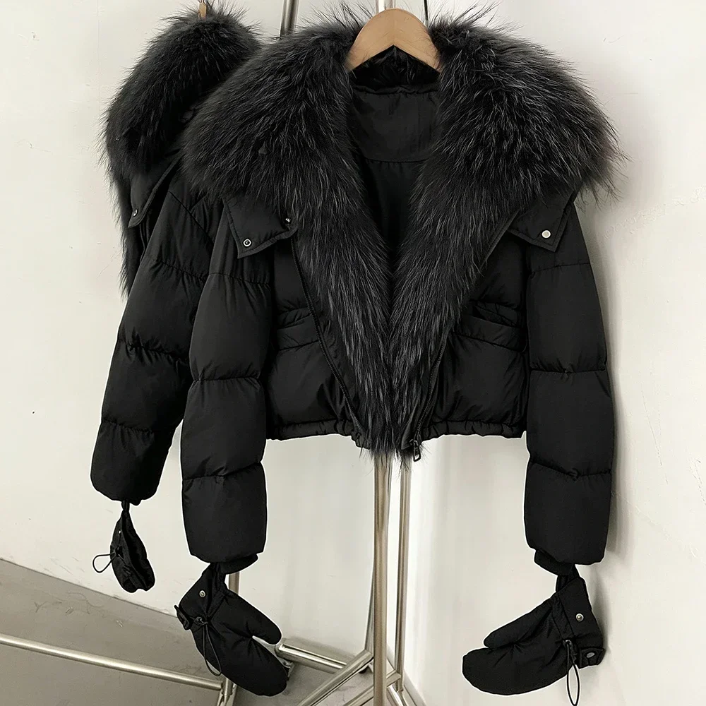OFTBUY Damen-Daunenjacke mit Kapuze, kurze Oberbekleidung mit abnehmbaren Handschuhen, Reißverschluss, echtes Fell, Daunenjacke mit echtem Fuchsfell – Detail 12