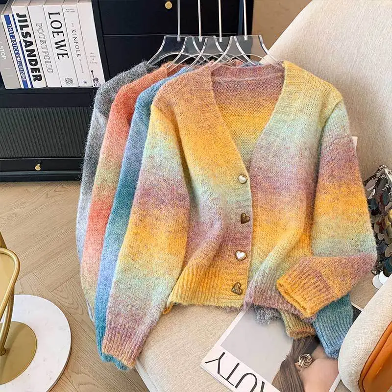 Women Gradient Rainbow Knit Cardigan V Neck Long Sleeve Heart Button Fuzzy Soft Cropped Sweater