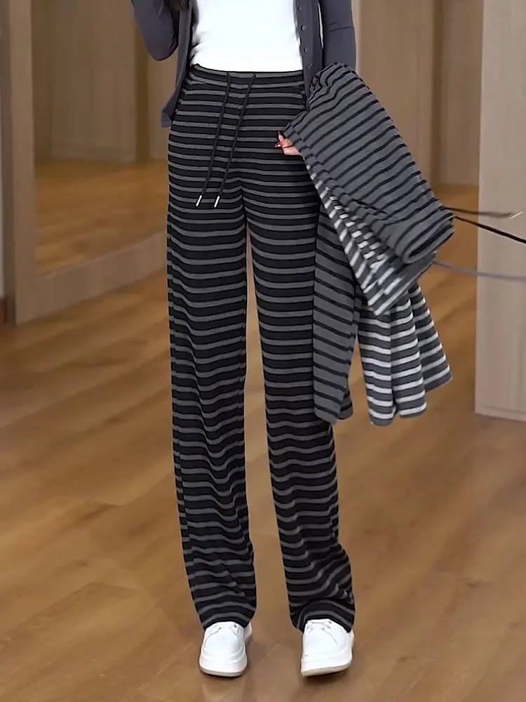 Unieke gestreepte wijde pijpen broek dames losse luie Sle vakantie faion lente zomer nieuwe collectie casual broek met rechte pijpen