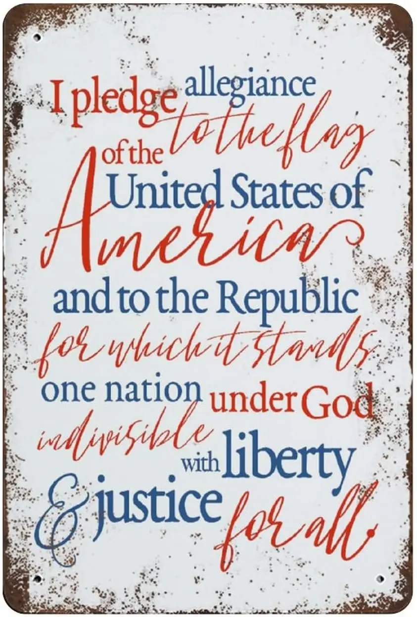 w1,Funny American Of Allegiance Металлическая жестяная вывеска Красный, белый и синий Art Цифровая патриотическая жестяная вывеска для печати США в стиле ретро Farmh