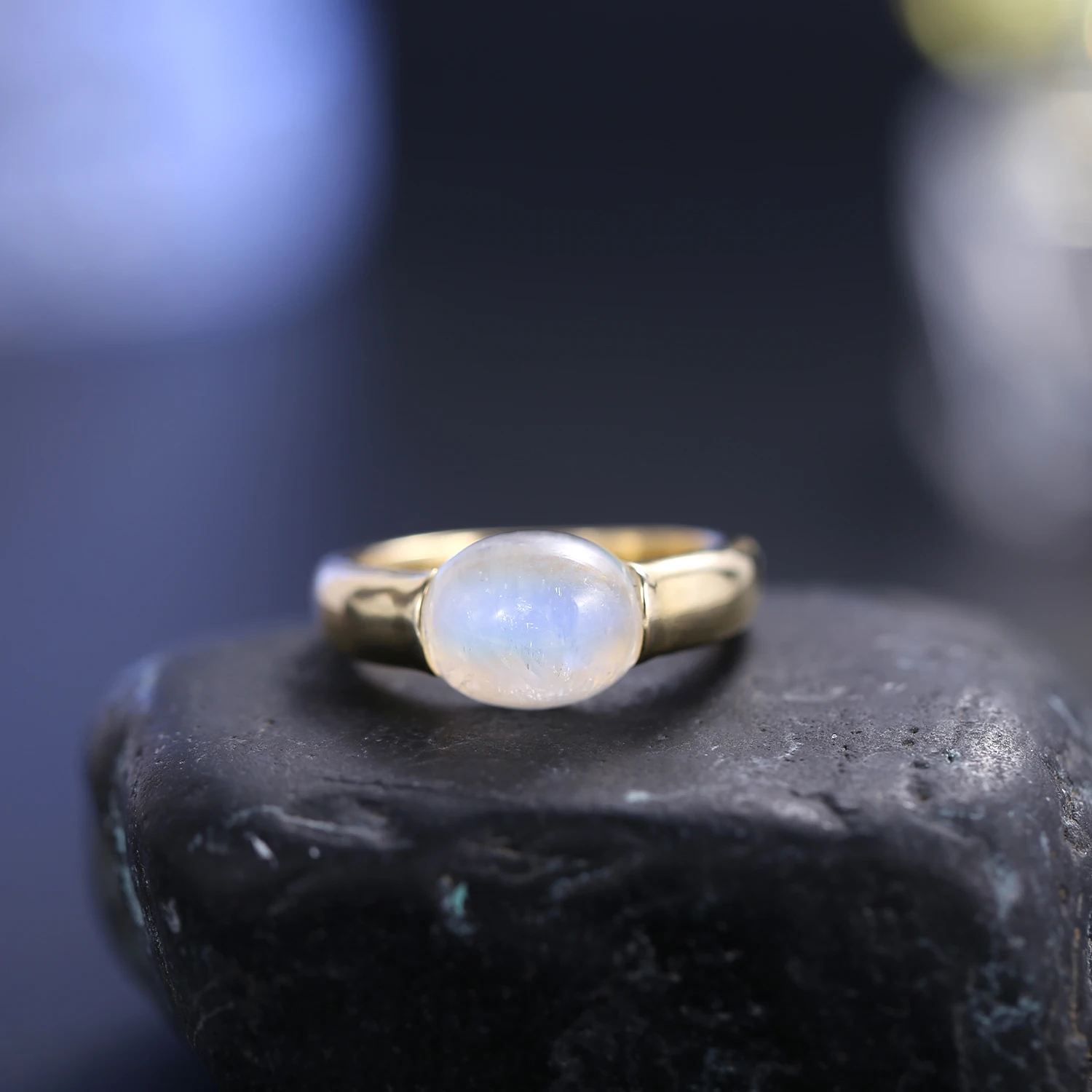 

GEM'S BALLET June Birthstone Natural Rainbow Moonstone Promise Ring 925 Sterling Silver 18K Gold Plated Ring Gift For Her