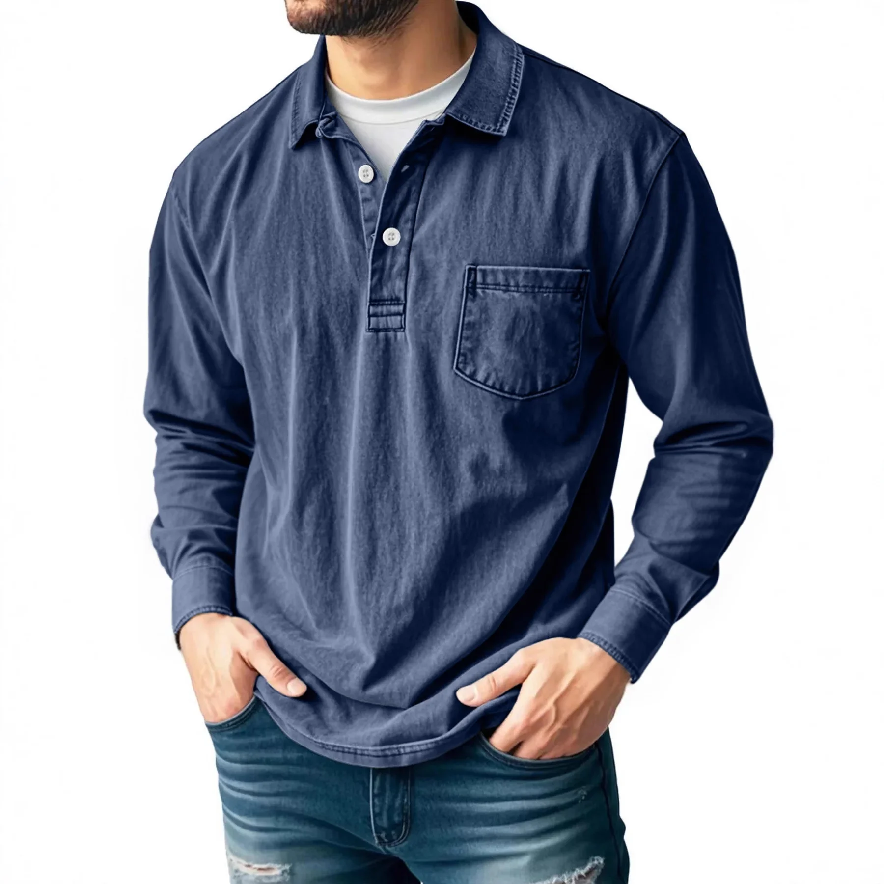 New Men's Clothing American Retro Pure Cotton Washed Water Old Men's Long-sleeved Polo Shirt