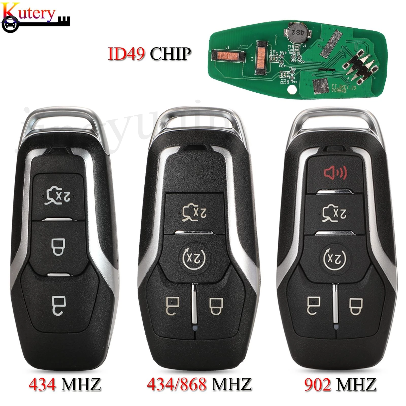 jingyuqin 5PCS/Lot Remote Smart Key For Ford Mustang Edge Explorer Fusion Mondeo Kuka 3/4/5Buttons 433.92/434/868/902Mhz ID49