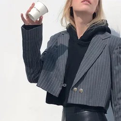 2023 Fashion Ladies Long Sleeve Striped Double Button Elegant Office Ladies Cutaway Fashion Crop Top Women's Ulzzang All-match