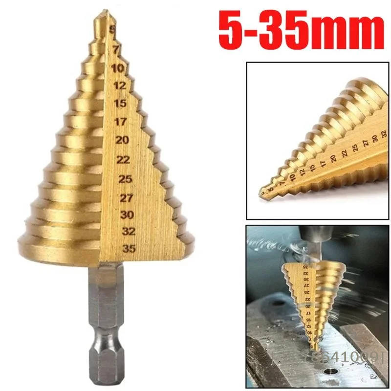 ⚑5-35 Gold Titanium Plate Pagoda Drill Hexagonal Straight Groove Step Drill Bit Wood Plastic Aluminum Hole Expand Tool Accessory