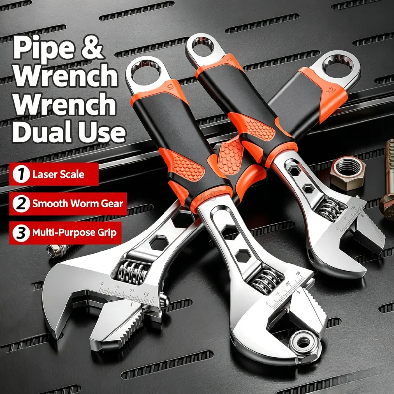 Industrial Adjustable Pipe Wrench Dual Purpose Hardness Non Slip Hand Tool Large Spanner for Household Industrial Maintenance