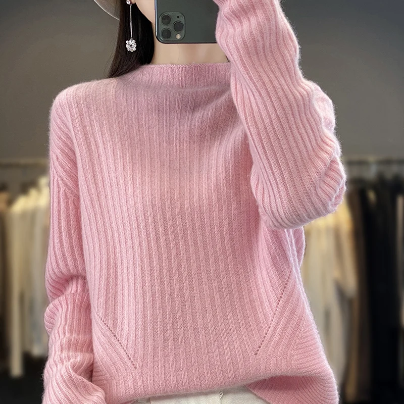 

Autumn/Winter women's semi-turtleneck 100% Pure Wool Loose Pullover Thickened Ttemperament Woolen Sweater Warm Knit Base