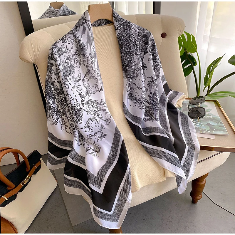 

New Simulation Silk Scarf 110cm Plain Weave Square Scarf Multi Functional Printed Decorative Women Summer Sunscreen Scarf Shawl