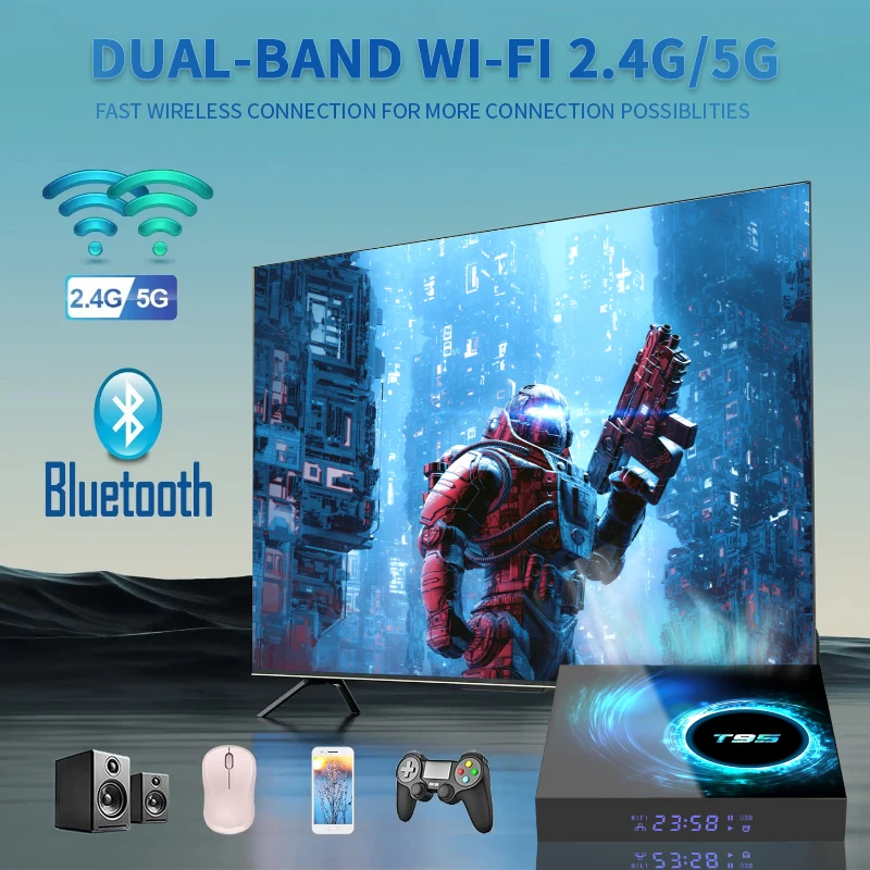 Android 10 T95 tv box HD 6K bluetooth 5.0 يدعم الوسائط المتعددة في تنسيق الفيديو المتعدد 5G Set Top Box