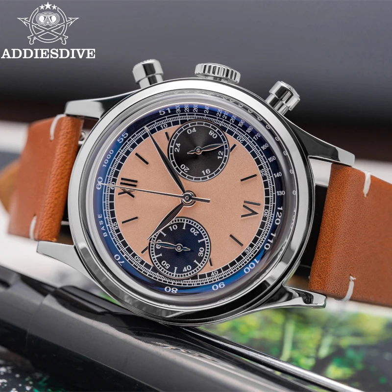 ADDIESDIVE 38mm Men's Watch Chronograph Leather Strap 100m Waterproof Wristwatch AR Coating Glass Quartz Watch for Men