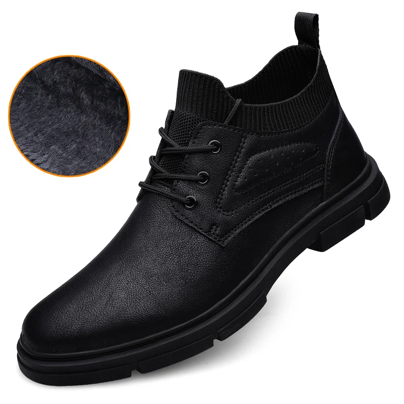 Trendy Brand Men's Genuine Leather Casual Shoes Winter High Top Shoes Fleece Men's Ankle Boots  Business Versatile Thick Sole