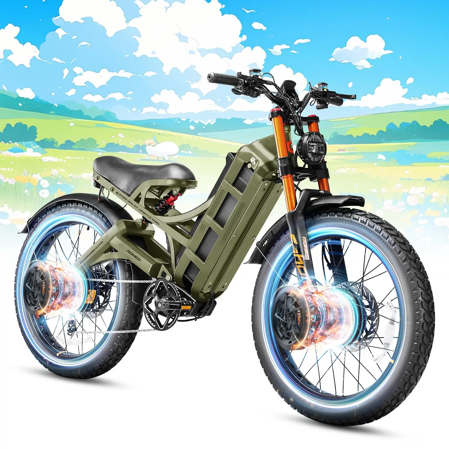 4000W Dual Motor Ebike 52V 70Ah 200 Mile 46MPH 26x4 Fat Tire Full Suspension Mountain Bike for Commuting & Delivery, Customized