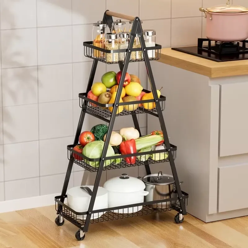 Multi Layer Removable Metal Kitchen Storage Rack Household Cart with Vegetable Basket and Snack Organizer Shelf