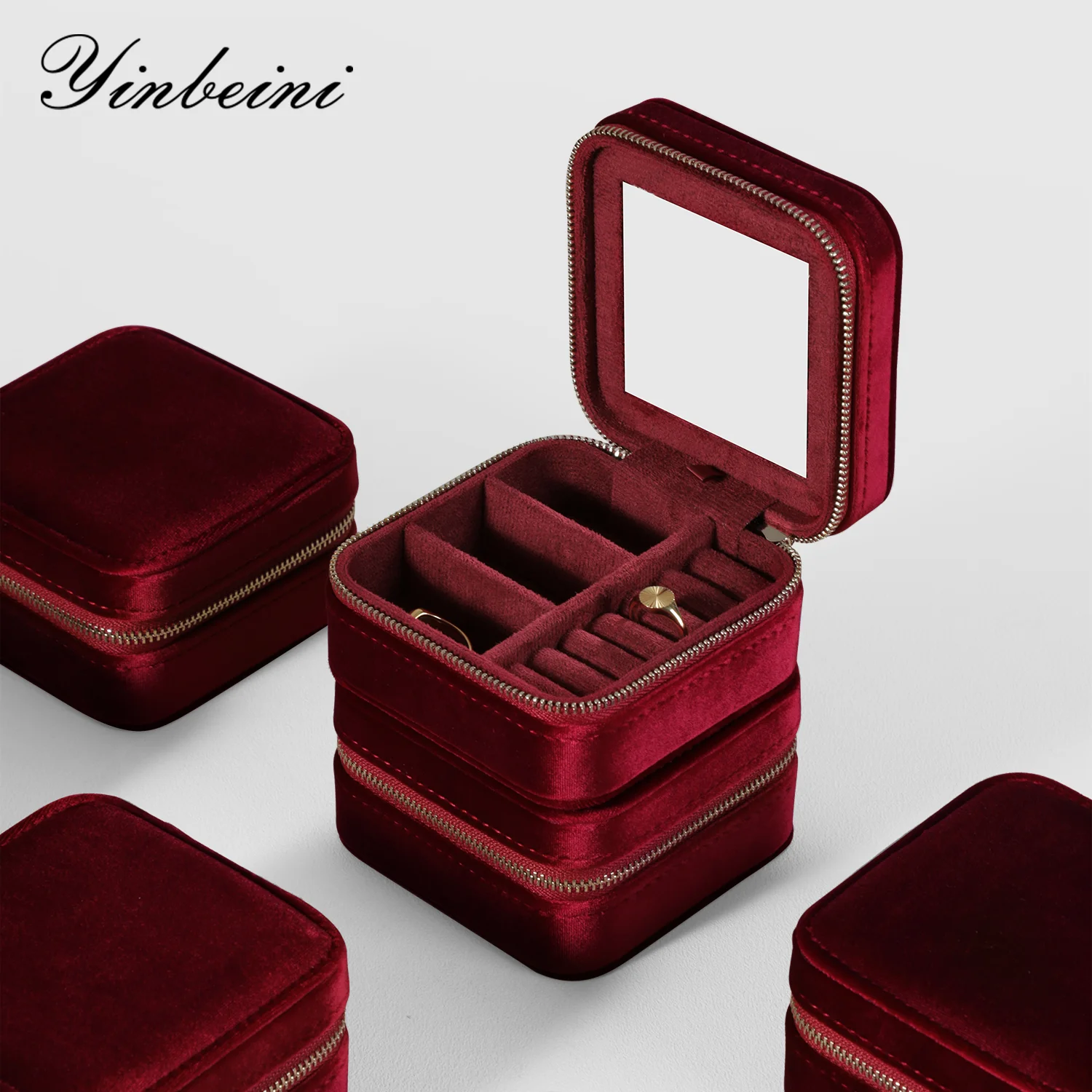 Yinbeini Multifunctional Velvet Travel Jewelry Box with Mirror Ring Earring Pendant Storage Organizer Portable Zipper Case BX001