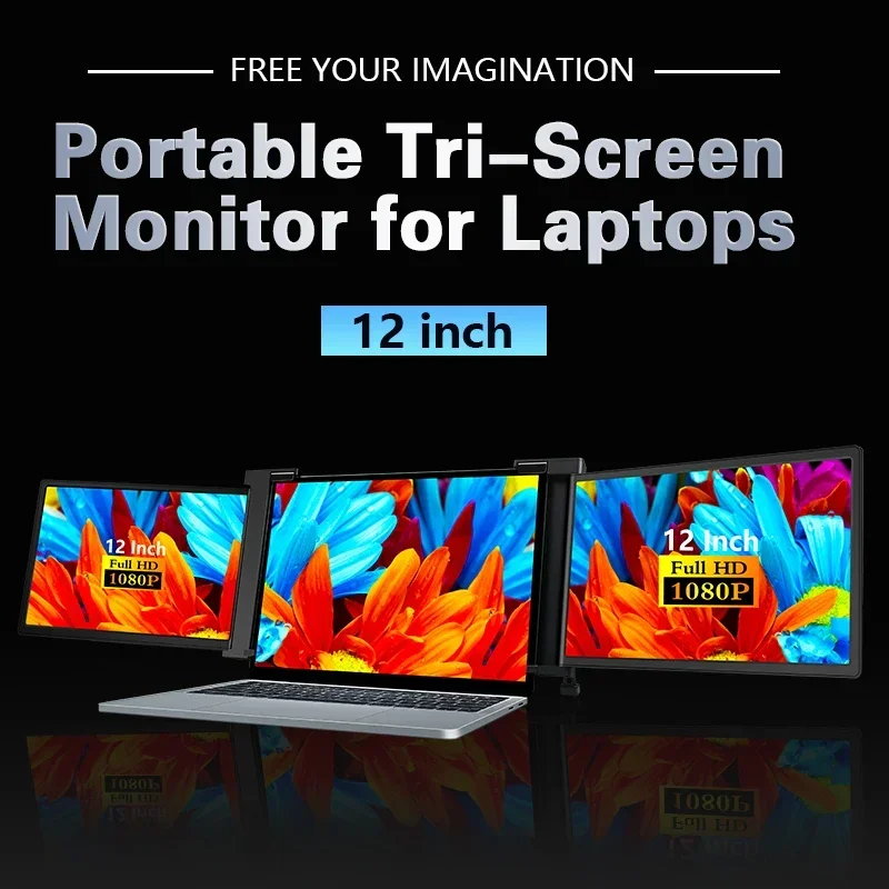 Best triple folding portable monitor 12 inch laptop monitor extender 1080 p IPS FHD display dual screen gaming monitor