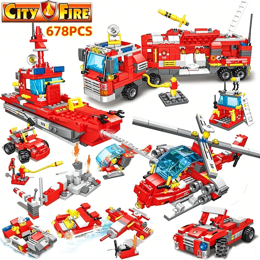 678-teiliges Stadt-Feuerwehrauto-Bausteinset, Kriegsschiff, verformbare Kombinationsauto-Modellfiguren, Bausteine, Spielzeug für Kinder