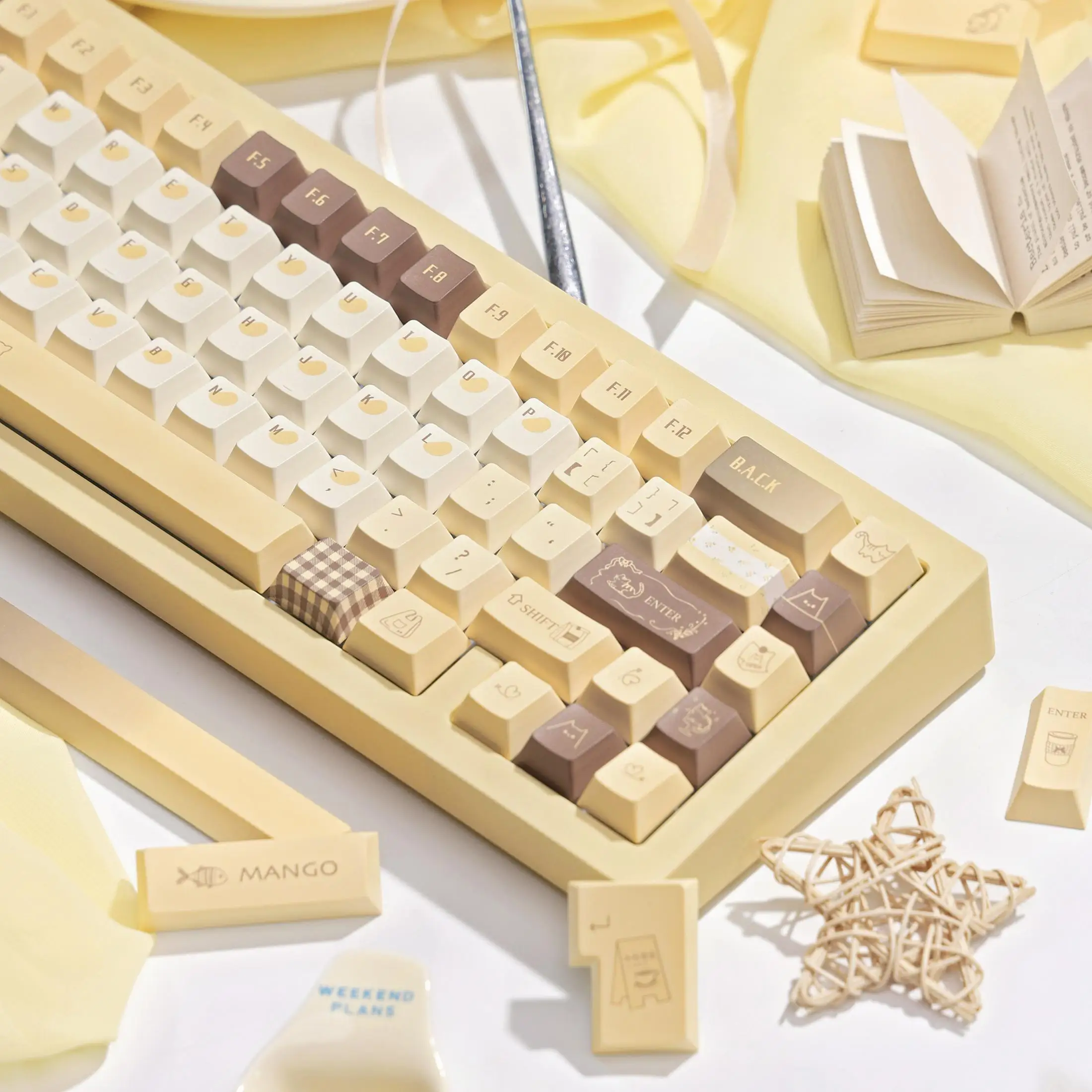 Mango Latte Theme Keycap Set PBT Sublimation FOA Cherry Profile Keyboard Caps Light Yellow Coffee Color Cute Keycaps 145 Keys