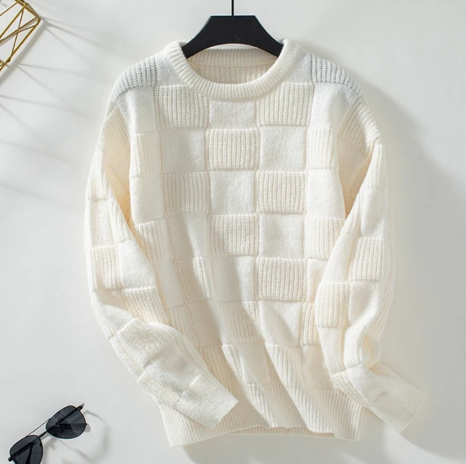 Korean Autumn Women's Knitted Sweater Basic O-Neck Solid Color Checkered Knitted Sweater Elegant Women's Clothes Casual Pullover