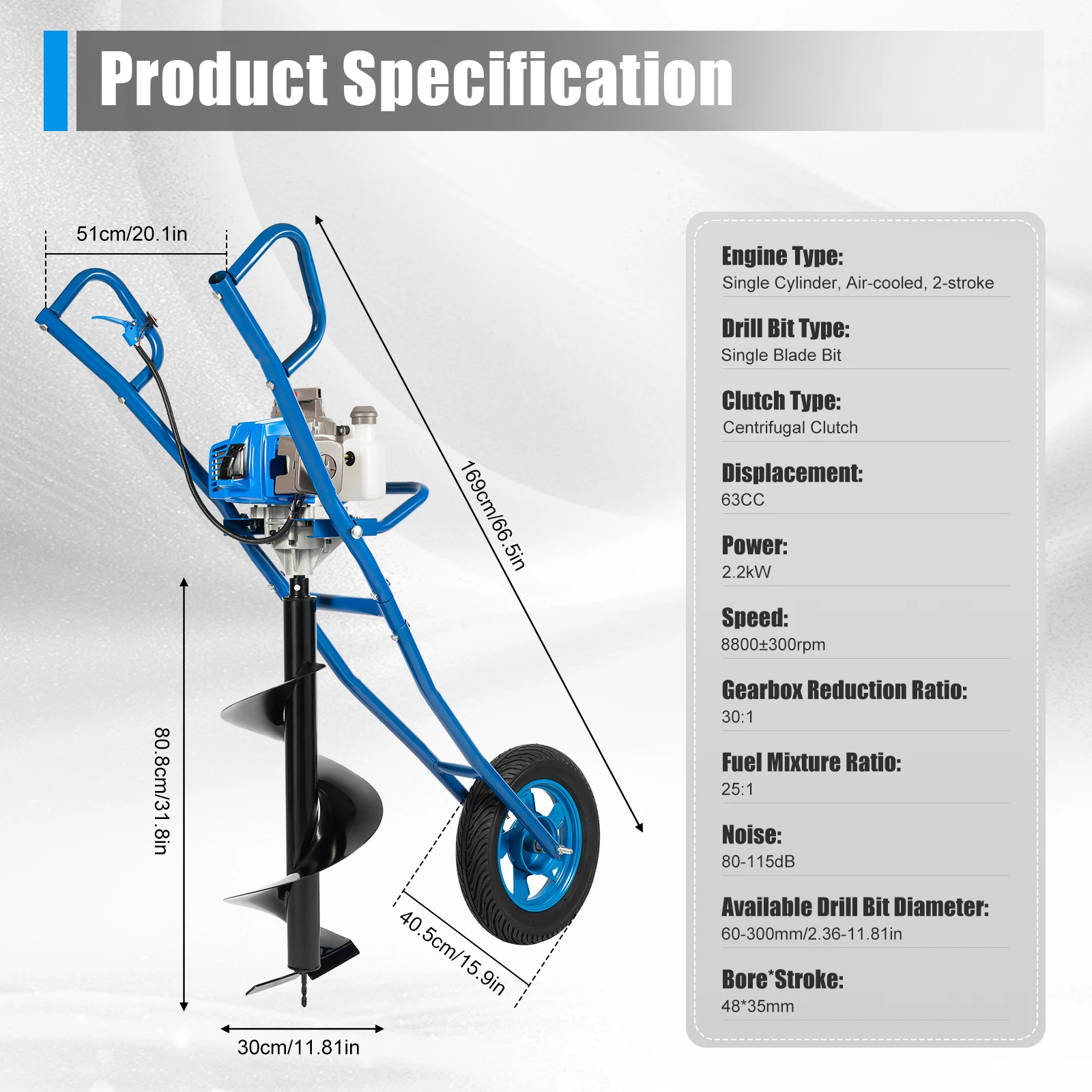 63CC 2-Stroke Gas Powered Earth Auger Borer Ground Drill Post Hole Digger with Earth Auger Drill