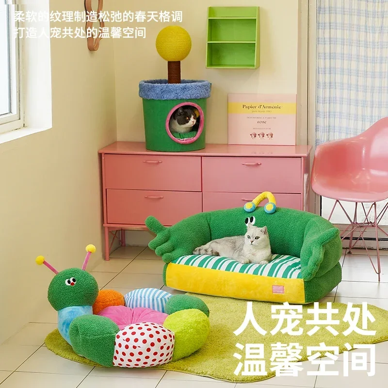 Green lush pet bed cat nest universal in all seasons removable and washable dog litter teddy bear small dog warm sofa