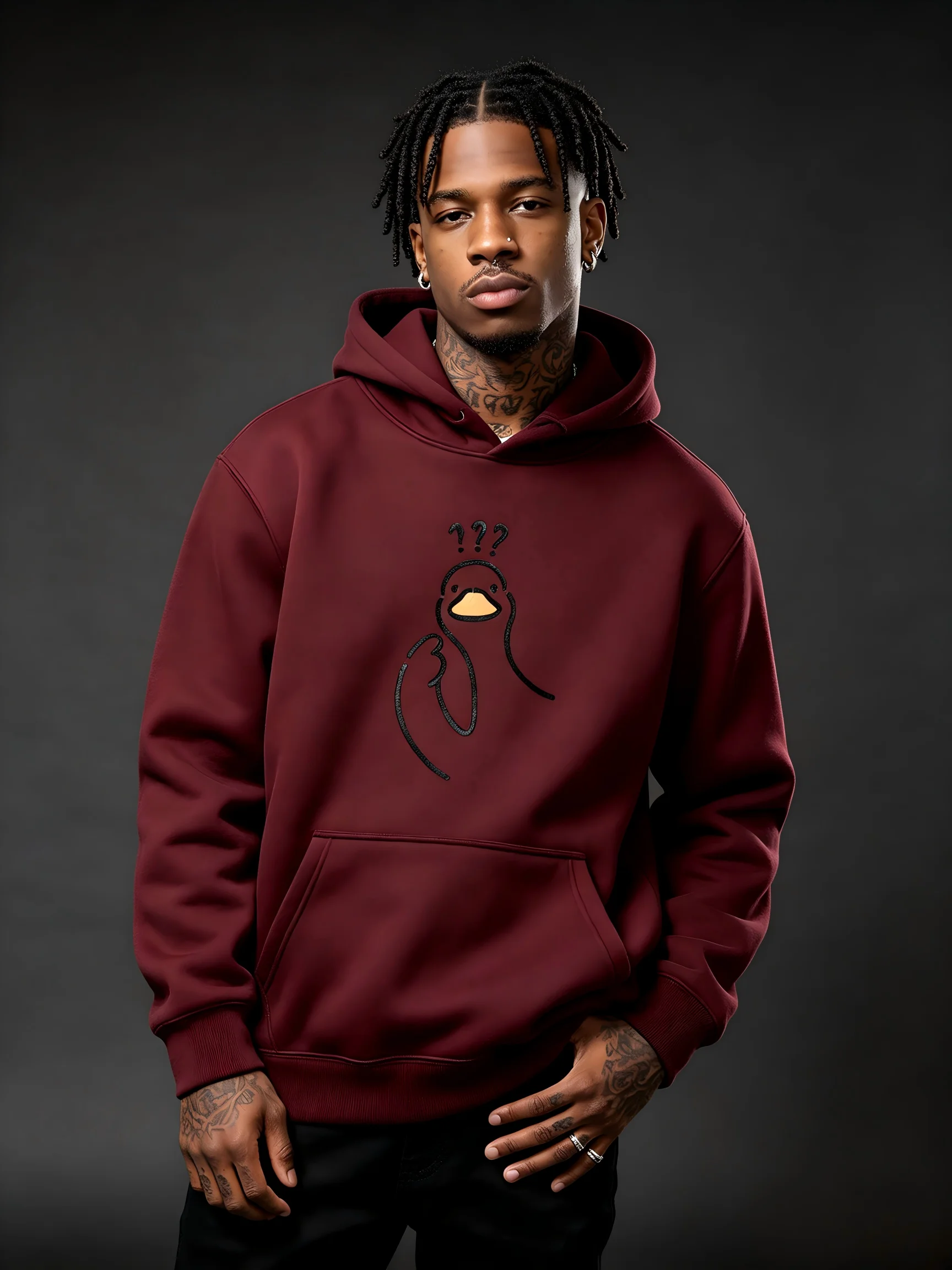 Men's Funny Confused Duck Pattern Hoodie Cute Question Mark Pullover Street Casual Fleece Hoodie Autumn/Winter
