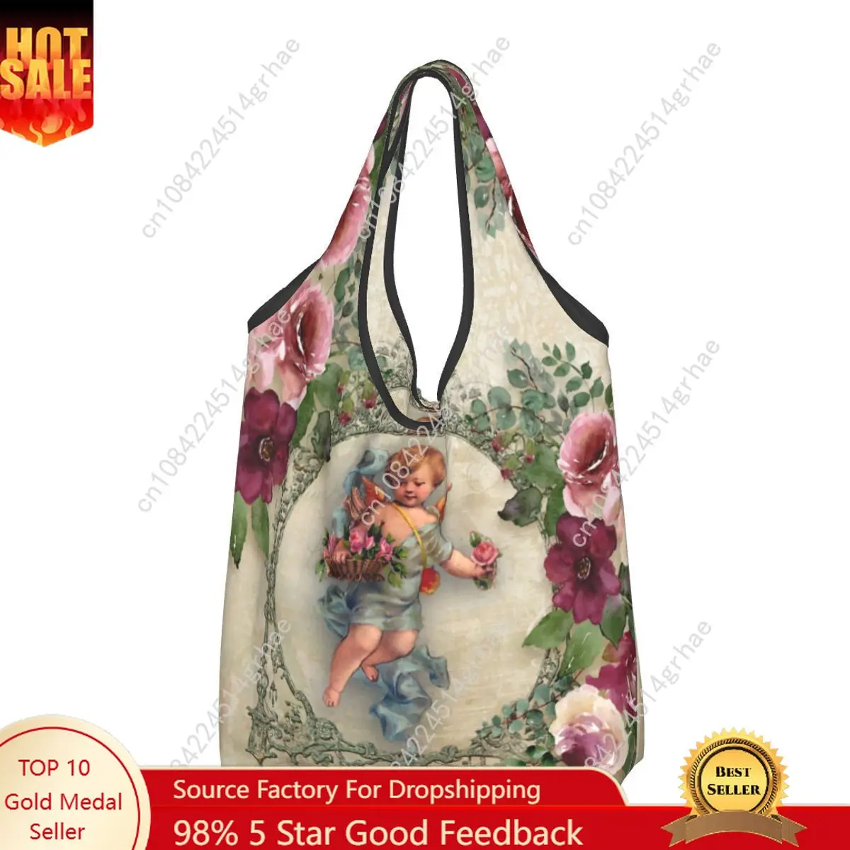 Custom Vintage Rose Victorian Angel Groceries Tote Shopping Bags Women Fashion Shoulder Shopper Bag Big Capacity Handbag