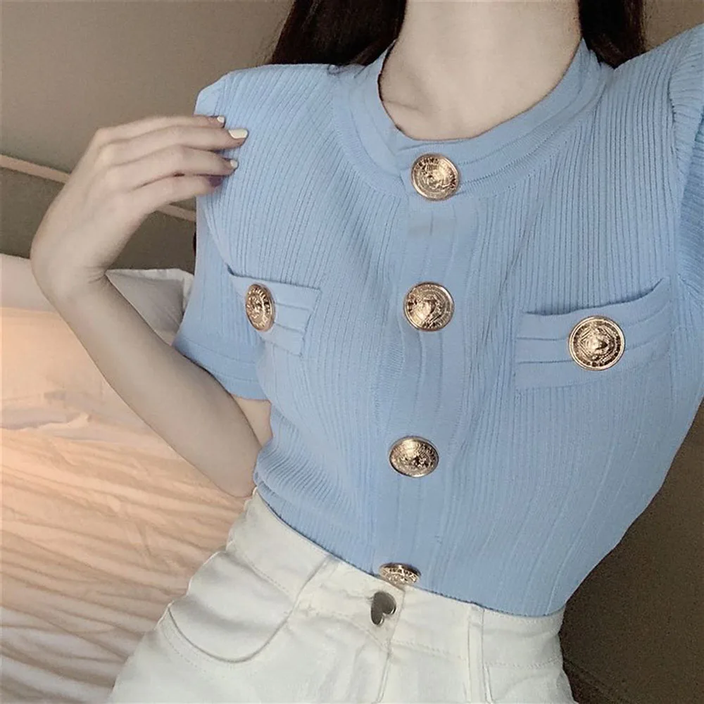 Fashion Knitted Shirt Women\'s French Summer New Sweater Jacket Slim fit Metal Button Short sleeved Knitwears Top Female Trendy