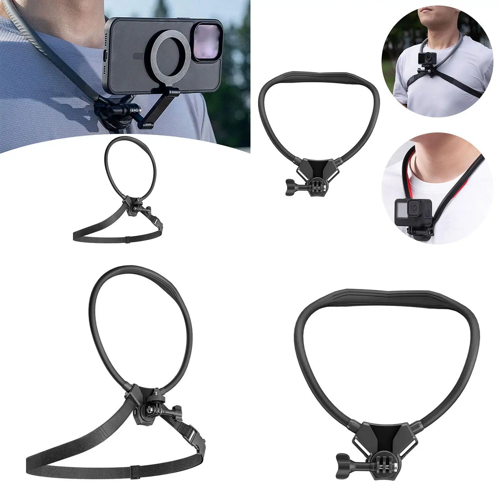 Suporte de pescoço para selfie, dobrável, vários ângulos, fácil de instalar, alça de cordão para smartphone vlog, ciclismo, gravação de vídeo, ciclismo