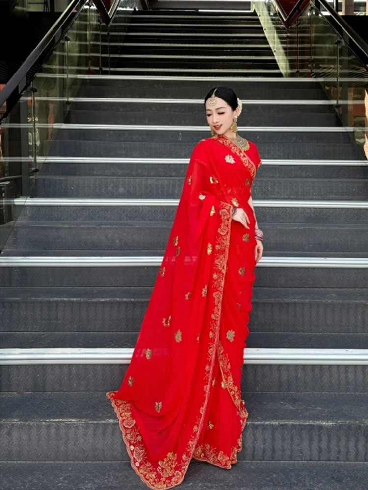 Red Indian Dance Costume Bollywood Dance Stage Performance Clothing Female Punjabi Costume Women Oriental Dance Clothes DQL10758