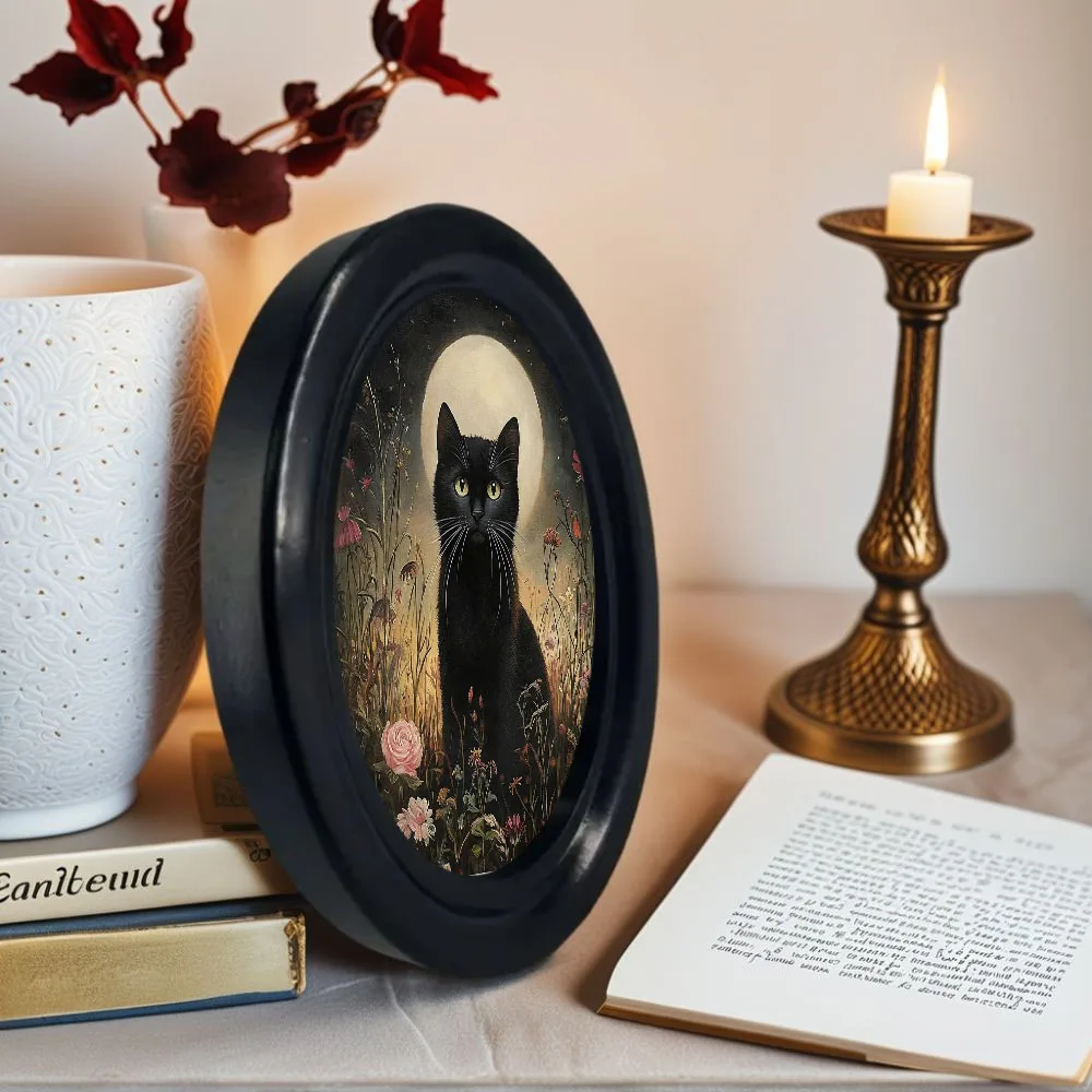 1 Piece Gothic Victorian Retro Moon Black Cat in Flowers Oval 3D Wall Art, Handmade Photo Transfer Three-Dimensional Wall Decoration Hanging Sign, Dark Ghost Room Wall Decor, Universal Holiday Atmosphere Wall Hanging for Halloween, Christmas, Thanksgiving - view 4