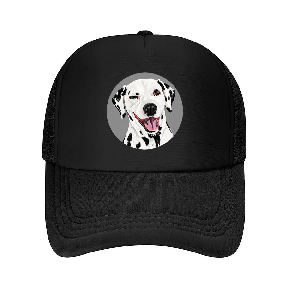 Winking Dalmatian Dog Happy Tongue Out Pet Portrait Mesh Baseball Cap Hip Hop