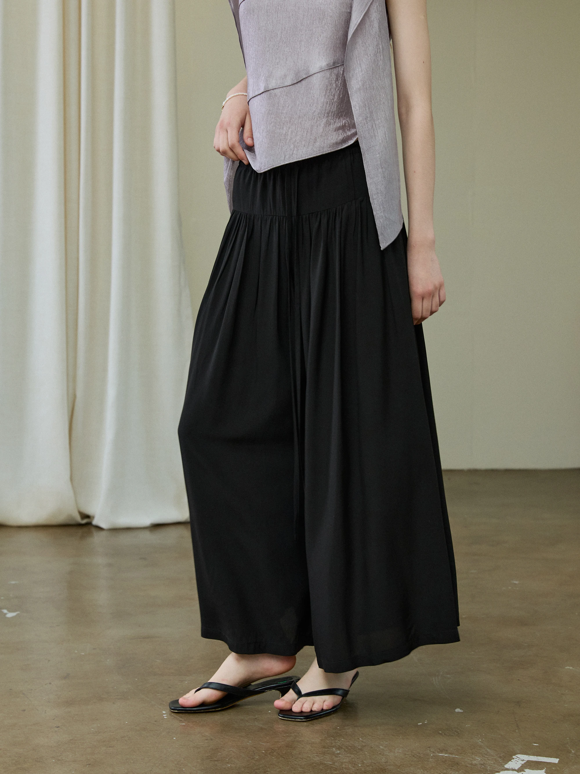 Laceuline Acetate Cool Lightweight Draped Wide Leg Skirt Pants Women Summer Casual Long Trousers Drawstring Pleated Skirts