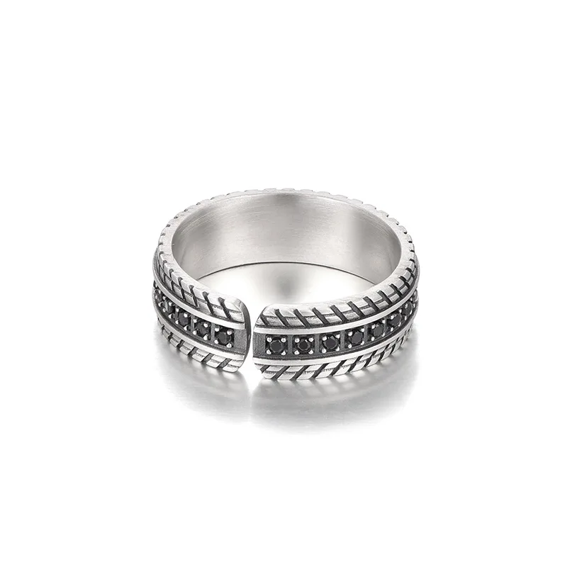 Temperament Thai Silver Ring For Men Simple Geometry Black Line Rings Trendy Vintage Jewelry Boy Friend Gift KOFSAC