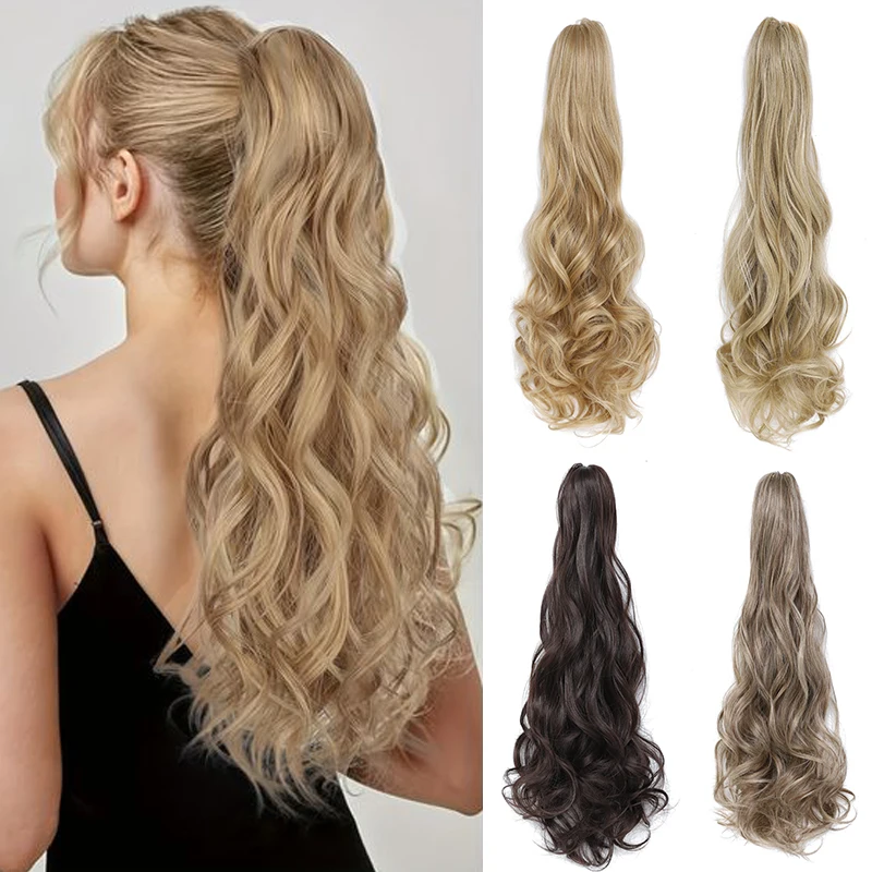 

24 Inch Curly Wave Clip on Ponytail for Women Synthetic Ombre Blonde Fake Hair Ponytail Long Natural Wavy Horse Tail Extensions