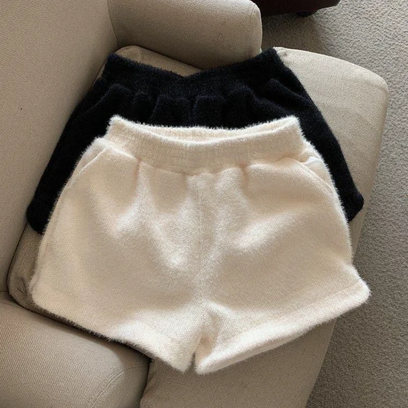 Autumn Winter New Style Plush Knit Mink Fleece Shorts Women High Waist Fashion Casual Versatile Outer Wear Bottoming Boot Shorts