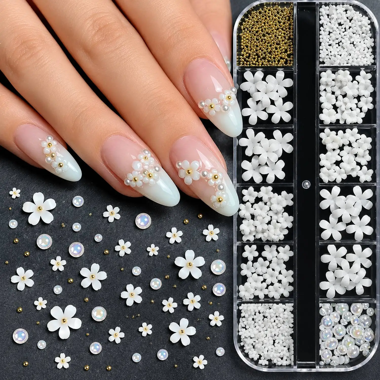 12Grids/Box Transparent Flower Beads Nail Charms Color Mix Acrylic Flower Beads Nail Decor Stylish Flower Beads Nail Supplies