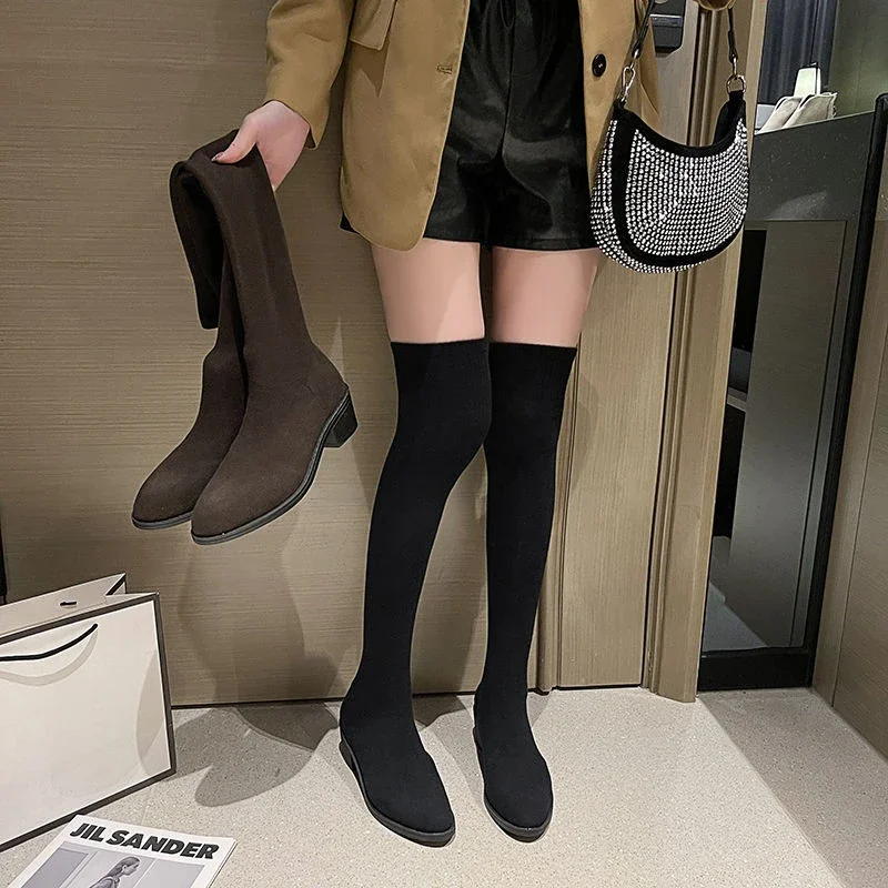 Long Sock Boots for Women Above Over The Knee Thigh High Elastic Shaft Shoes Woman Middle Heel Footwear Comfortable and Elegant