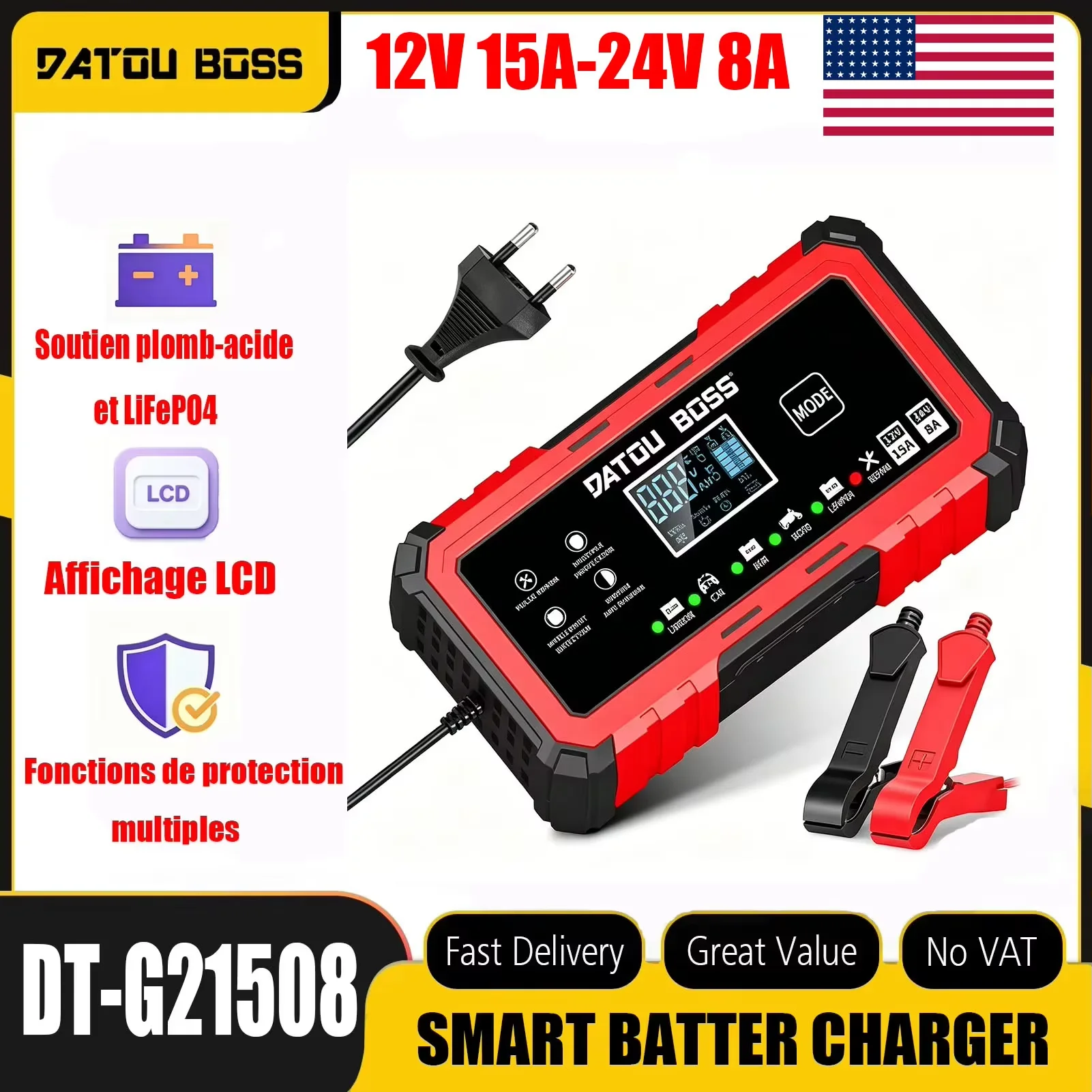 DATOUBOSS 12V/24V Smart Charger Application for Lead Acid AGM GEL LiFePO4 Batteries Auto Motorcycle Truck Charger