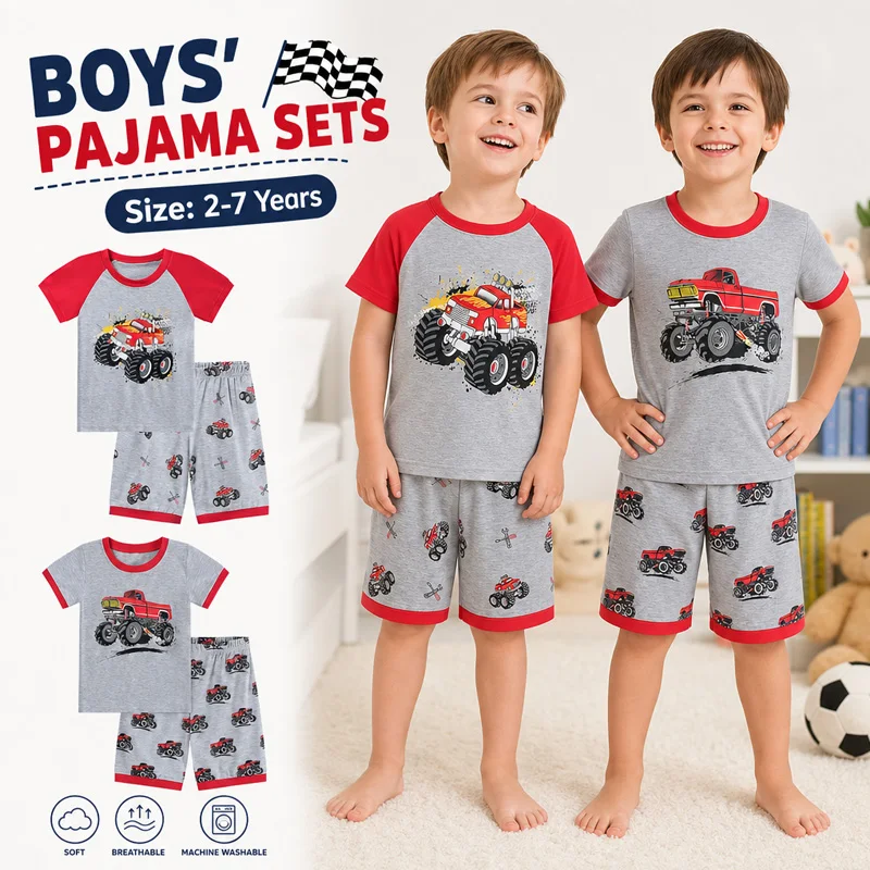 Little Hand Kids Cotton Pyjamas Truck Printed Summer Loungewear Cartoon Pjs Two Piece Home Outfit for 2-7 Years