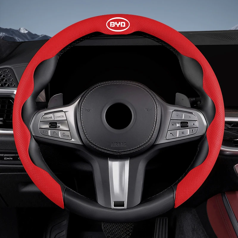 All‑Season Leather Steering Wheel Cover With Valve Stem Caps For BYD Atto 3 Seal Dolphin Han Tang Song Yuan Non‑Slip Car Interio