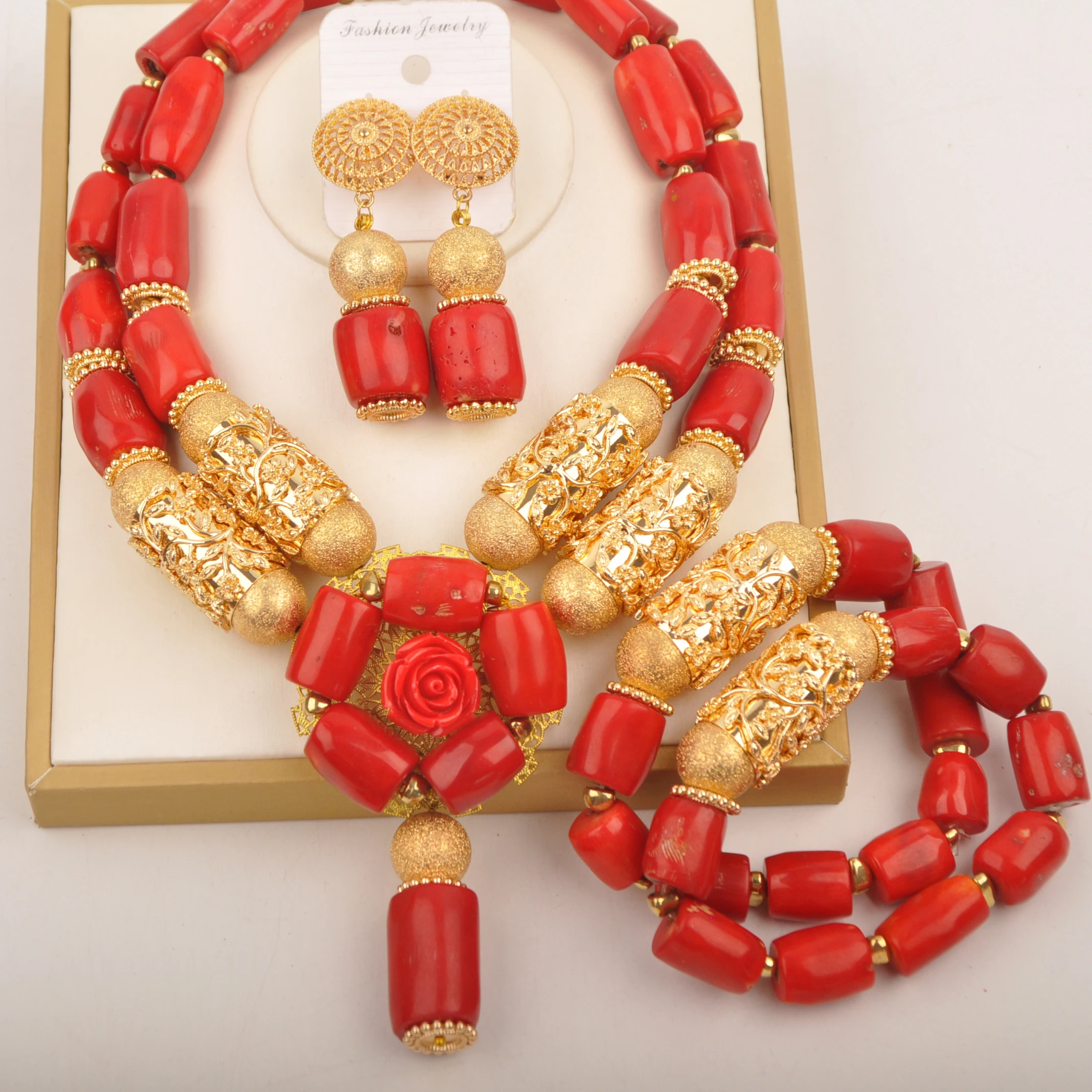 Natural coral wedding necklace African fashion Red jewelry Nigeria collection