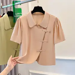 2024 Summer New Korean Retro Button Chiffon Short Sleeve Blouses Peter Pan Collar Solid Ruched Loose Women's Commuter Shirt Tops