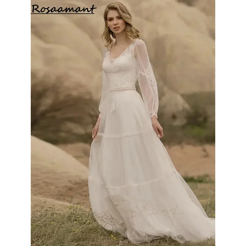 Two pieces V-neck long sleeve A-line wedding dresses lace trim country Bridals gowns