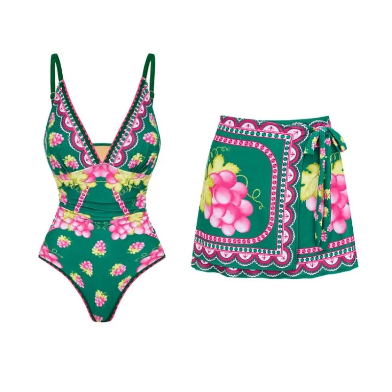 Blumen-Einteiler-Badeanzug mit Strandrock, Ausschnitt, Badeanzug mit V-Ausschnitt, Strandkleidung, Body mit hohem Beinausschnitt, weiblich, 2024
