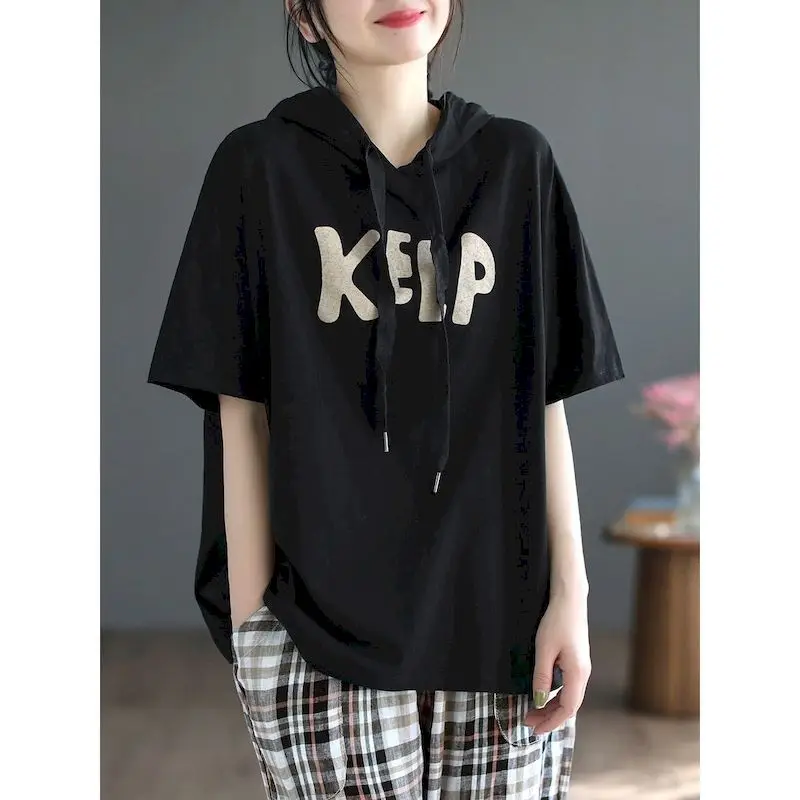 

98% Cotton T Shirts Women Fashion Design Letter Print Hooded T-shirt Casual Loose Simple Short Sleeve Pullover Top Summer Tshirt