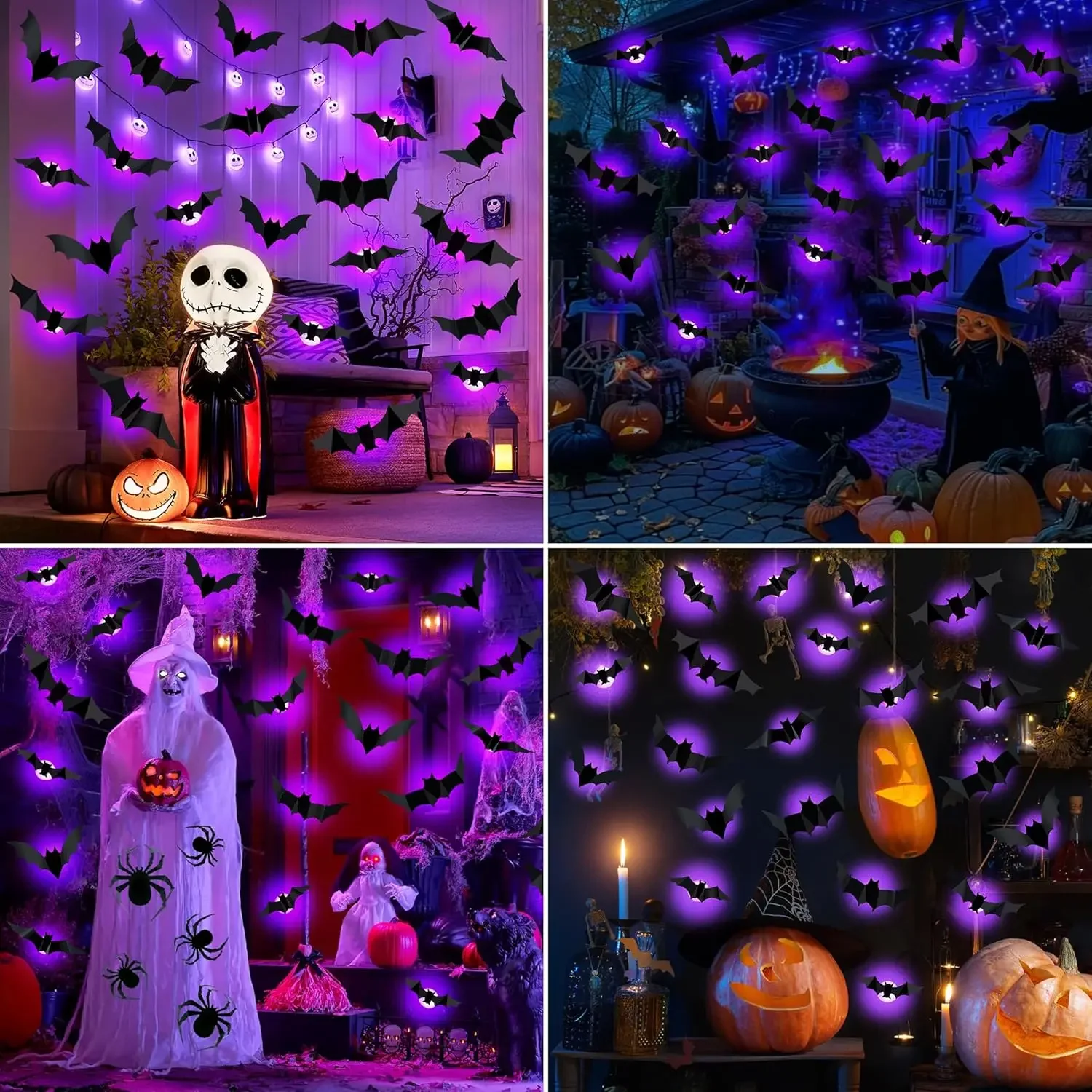 Lampu LED 3D Kelelawar/Laba-laba Halloween 2025, Lampu Stiker Menyala dalam Gelap untuk Dekorasi Pesta Taman dan Halaman Belakang