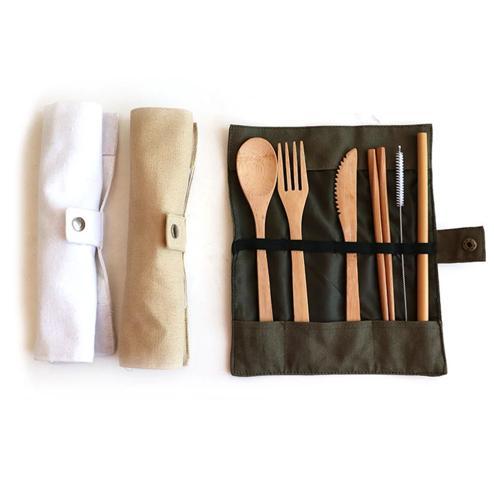 

6pcs Bamboo Cutlery Set Reusable Eco Friendly Camping Hiking Picnic Spoon Fork Straw Chopsticks Tableware