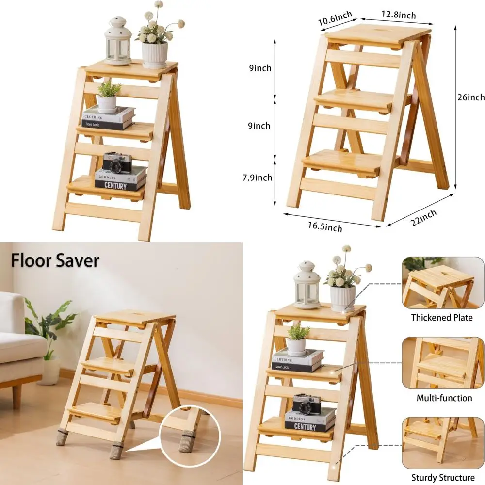 

Wooden Foldable 3-Step Ladder with Floor Protector - Decorative Shelf for Home, Kitchen, and Outdoor Use